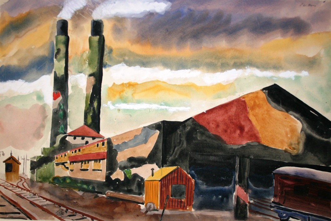 Multi-coloured painting of factory chimneys