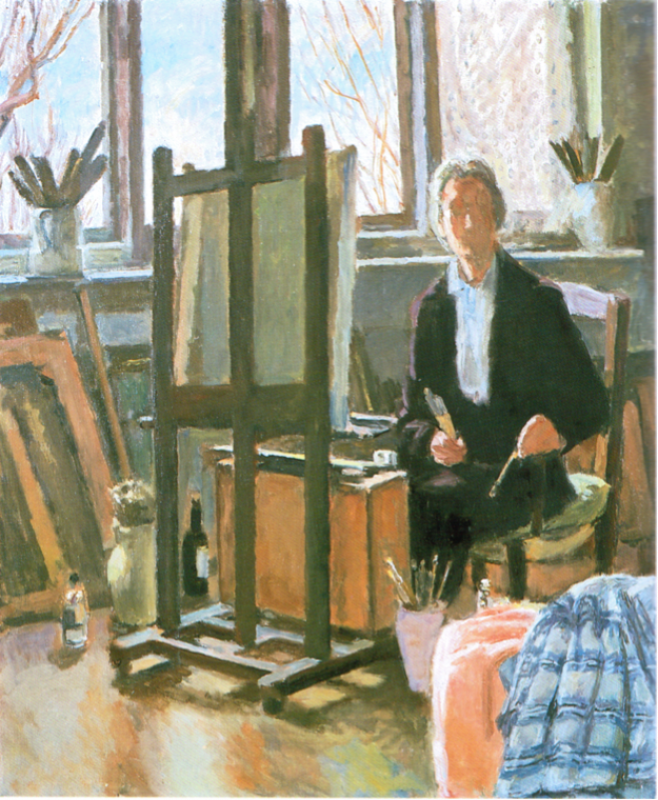 Woman sat at easel in an artist studio setting