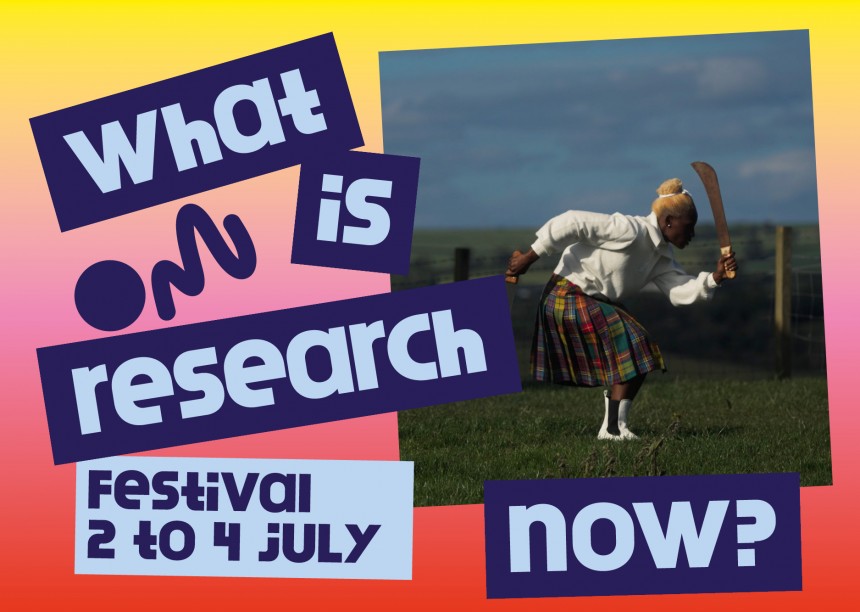 A computer graphic with the words What is Research Now and a squiggly design with an Alberta Whittle photograph of a woman mid-run with a sword